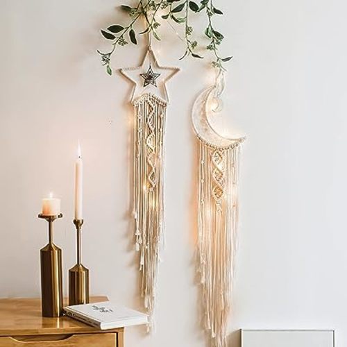 2Pcs Star Moon Dream Catchers, Bedroom Wall Decor, Boho Bedroom Decor, Dream Catcher for Girls, Wall Decor, Valentine's Day Gifts