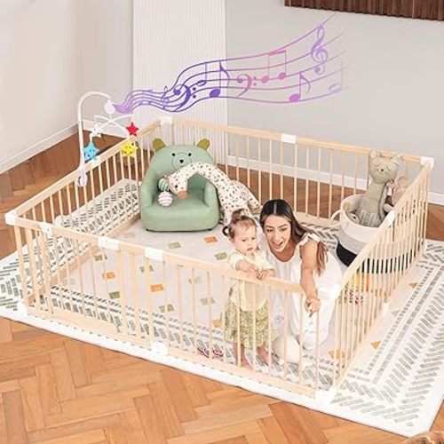 Wooden Baby Playpen for Babies and Toddlers, Changeable & Expandable Baby Play Fence with Safety gate & Toy, Wood Playpen Baby Play Area(79"x71")