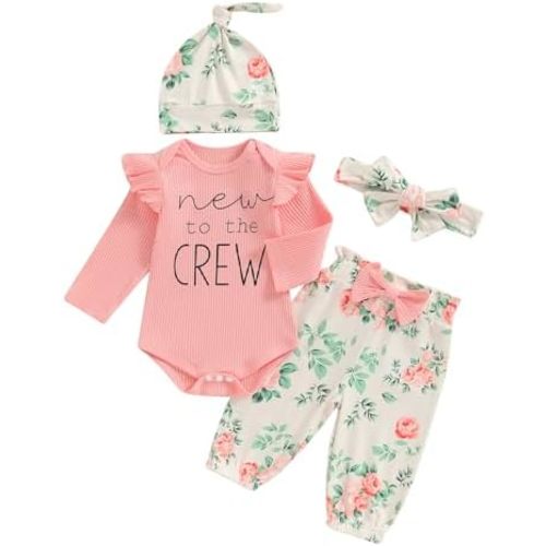 Newborn Baby Girl Clothes Outfits New To The Crew Bodysuit Romper Floral Pants Headband Hat Coming Home Outfit