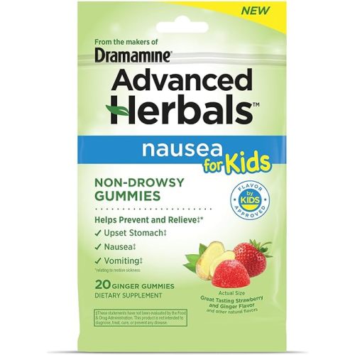 Advanced Herbals Kids Gummies, from The Makers of Dramamine, Nausea Relief and Motion Sickness Relief for Kids, Strawberry and Ginger Flavor, 20 Ct