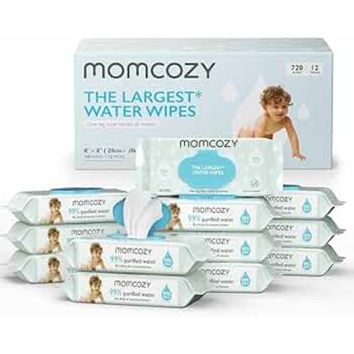 Baby Wipes, Momcozy Water Wipes-Extra Large Size Design, 99% Water Based Wipes, Unscented & Hypoallergenic, Cleansing & Moisturizing Baby Wipes for Sensitive Skin, 12 Flip-Top Packs (720 Wipes Total)