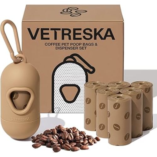 VETRESKA Dog Waste Bag Dispenser with Coffee Scent - Leak Proof, Extra Thick Pet Waste Bags - 1 Bag Holder, 105 Bags (7 Refill Rolls) for Dogs and Cats