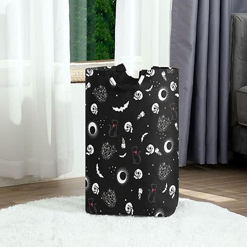 Laundry Basket Collapsible Laundry Hamper Folding Washing Bin Organizer Baskets with Handle for Dirty Cloth Toy, Skull Cat Moon Skull
