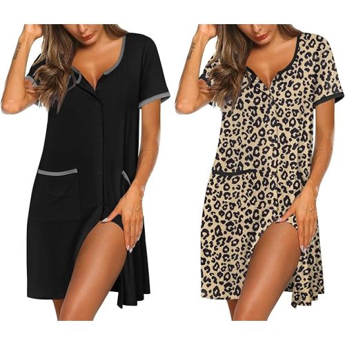 Ekouaer Nightgowns for Women 2 Pack Button Down Sleep Shirts Short Sleeve Nightshirt Sleepwear House Dress with Pockets
