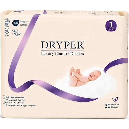 Trial Pack Baby Diapers - DRYPER Size 1 Diapers (6-11 lbs), 30 Count, Size Newborn Diapers, Hypoallergenic Disposable Diaper, Ultra-Soft & Thin, with Wetness Indicator, Oeko-TEX Standard 100