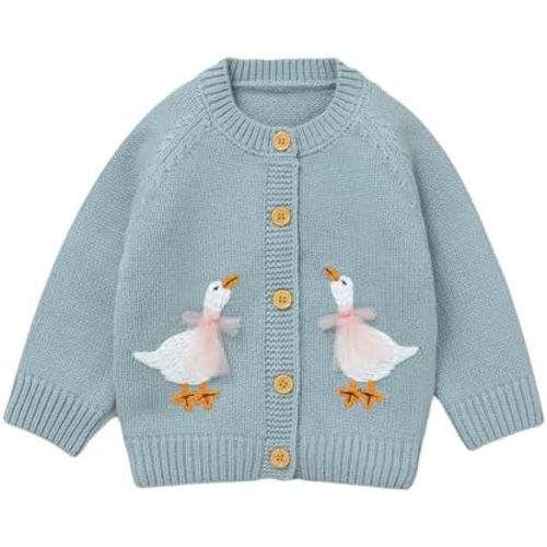 Baby Toddler Girl Cardigan Warm Sweater Floral Long Sleeve Jumpers Coats Knitted Clothes with Cute Goose