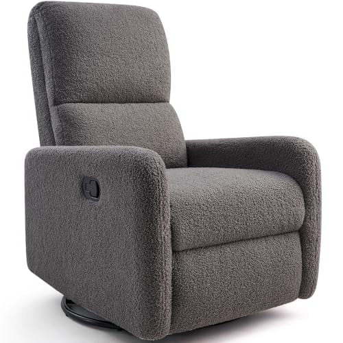Merluxy Recliner Chair Swivel Rocking Chair, Nursery Glider with High Back for Living Room, Comfy Upholstered Modern Reclining Sofa, Teddy, Gray