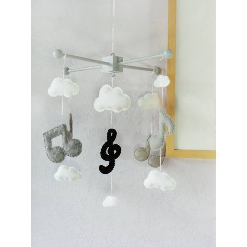 Music Note Mobile: Modern Baby Mobile, Musical Note Nursery, Music Note and Clouds Decor, Kids Room Music Design. Black Grey and White