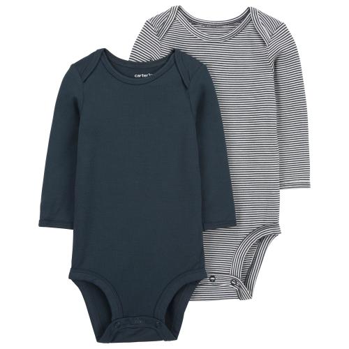 Baby 2-Pack PurelySoft Long-Sleeve Bodysuits - NB - Style,Navy