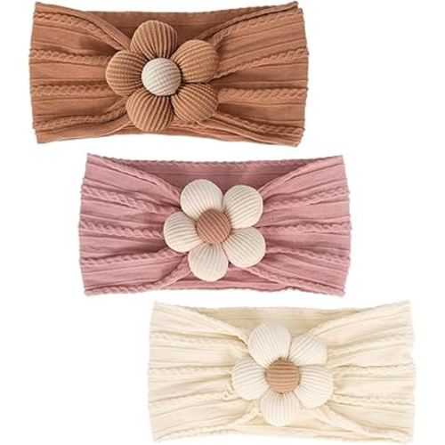 3 Pcs Baby Flower Headbands Baby Girls Nylon Headband Soft Hairbands Hair Accessories for Newborn Infant Toddler Kids (Yellow,Pink,Brown)