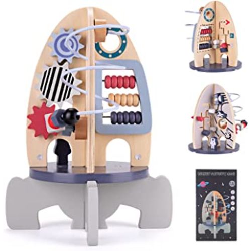Wdmiya Space Wooden Activity Cube Toys for Baby, Montessori Toys for 1 Year Old Boy & Girl Birthday Gifts, Sensory and Educational 1st Birthday Gifts, Busy Board Toys for Baby Boy 6-18 Months (Rocket)