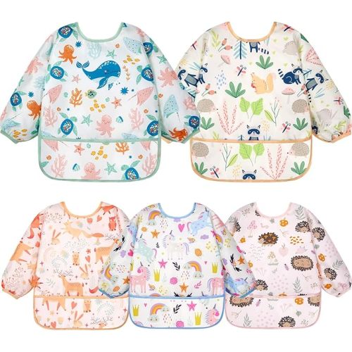 Lictin Long Sleeve Bibs 5 Pack - Baby Bibs, Waterproof Toddler Bibs, Baby Smock for Eating, Baby Bibs for Feeding Teething