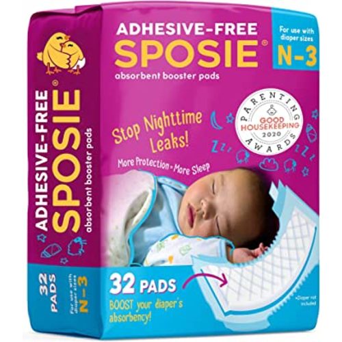 Sposie Booster Pads, Stop Overnight Diaper Leaks, Fits sizes Newborn 1 2 3, No Adhesive for Sensitive Skin, 32 ct