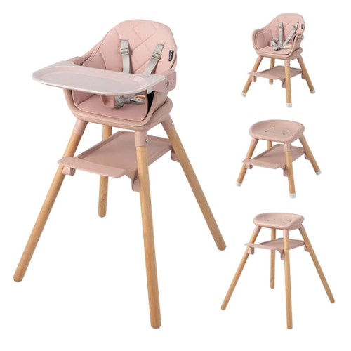 BABY JOY Baby High Chair, 6 in 1 Convertible Wooden High Chair for Babies & Toddlers with Adjustable Legs, Double Removable Tray, Safety Harness & Waterproof PU Cushion (Pink)