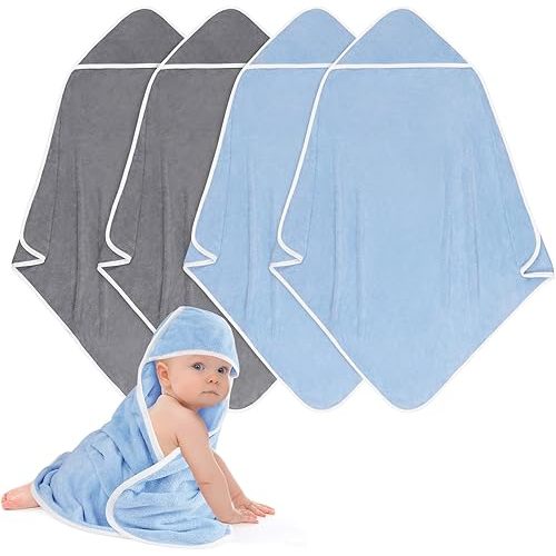 Hooded Towel for Newborns, 4 Pack Soft Coral Fleece Baby Bath Towels, Ultra Absorbent Baby Towels Bulk for Infants, Toddlers, Newborn Essential- 30 x 30 inch - Grey & Blue