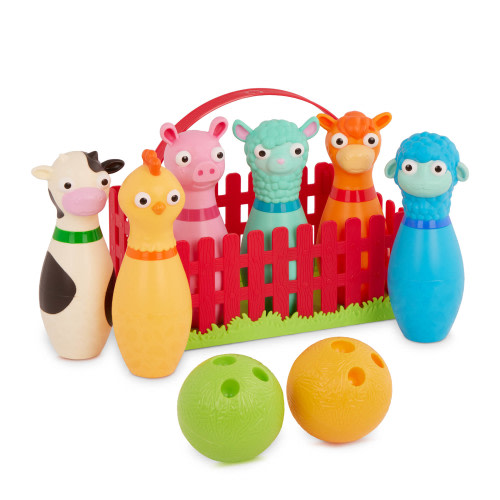 Battat Barnyard Bowling Plastic Set with 6 Farm Animal Pins and 2 Balls, Toddler and Preschool Toys