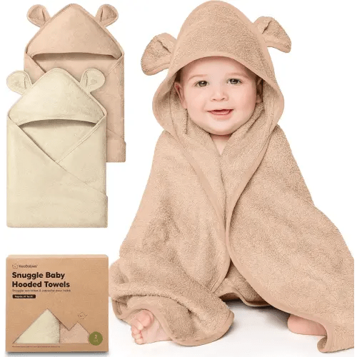 KeaBabies 2-Pack Hooded Baby Towels for Newborn - 35x35 Soft & Absorbent Viscose From Bamboo Baby Bath Towels with Hood for Infant, Toddler, Kids, Boys Girls, Newborn Bath Essentials (Almond, Regular)