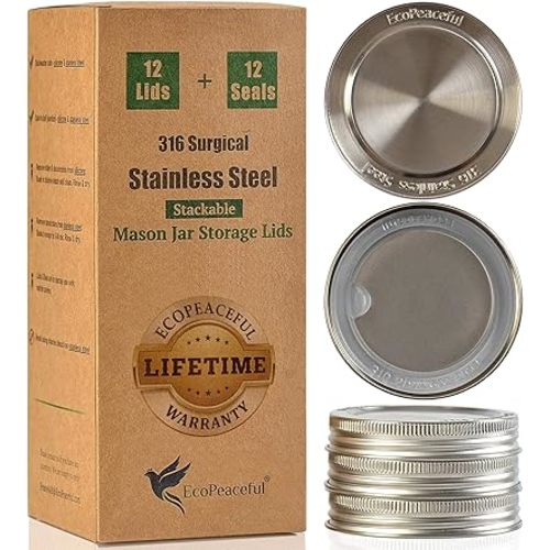316 Surgical Stainless Steel Mason Jar Lids REGULAR Mouth,ORIGINAL DESIGN,Stackable w/ Pull-Tab Silicone Seal. Rust-proof, Airtight, Leak-proof, Vegan, BPA-Free, Reusable,Not for Canning