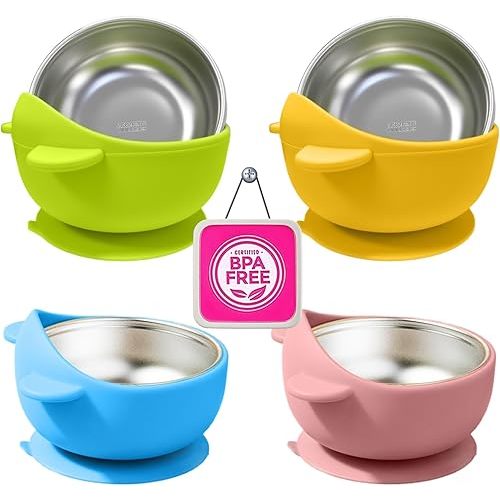 Stainless Steel Baby Bowls with Suction, 2-in-1 Toddler Feeding Set SUS304 Non-Toxic | Unbreakable & Anti-Scald | Super Strong Suction Base | Dishwasher Safe | Perfect Baby Gift - 4Pack Cu.Ft.