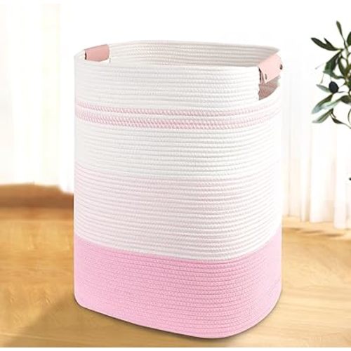 Laundry Basket with Handles - Blanket Basket & Hampers for Bedroom Aesthetic, Laundry Hamper & Blanket Storage for Living Room, Clothes Hamper, Tall, Large 17" x 14" x 22”, Pink & White