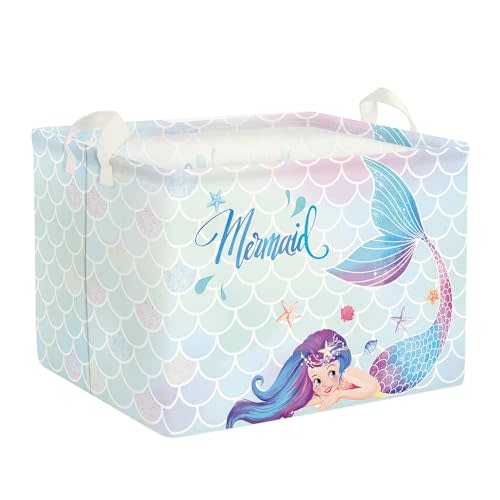 Clastyle Blue Mermaid Princess Baby Girl Nursery Basket 36L Large Rectangle Book Clothes Blanket Storage Basket Summer Star Shell Outdoor Storage Pool Toy Beach Towel Basket