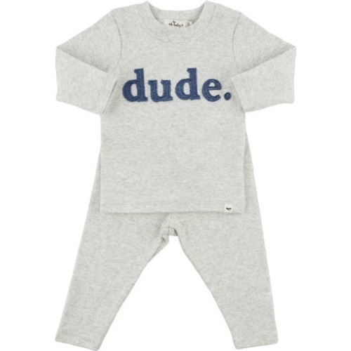 Denim "dude" Ribbed Applique Long Sleeve Two Piece Set