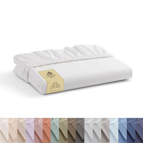 Linen Home 100% Cotton Percale Weave Fitted Sheet, Twin Size, White, 1 Deep Pocket Fitted Sheet, Fits Mattress Upto 16" Crisp and Cool Strong Bed Linen, 39"X75"+15"