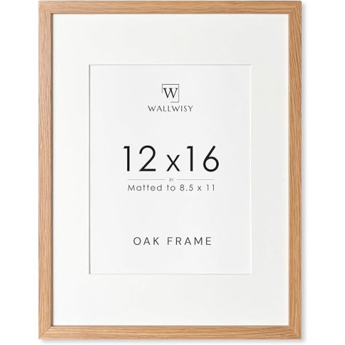 12x16 Solid Oak Picture Frame, 12 x 16 Wooden Photo Frame with Mat, 12"x16" Natural Oak Wood Frame for Wall, Set of 1