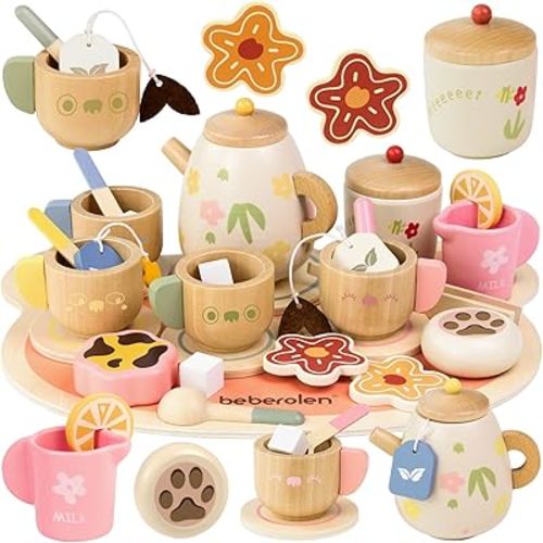 Wooden Tea Set for Little Girls Birthday Gift 3-5 Year Old, Wood Tone