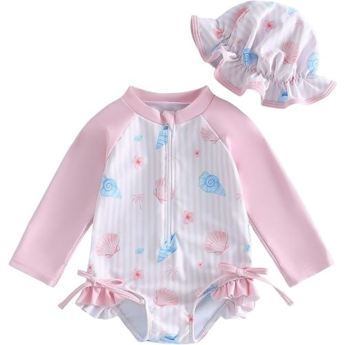 ZAXARRA Infant Baby Girl Swimsuit Long Sleeve One Piece Rash Guard Swimwear with Hat Zipper Bathing Suit