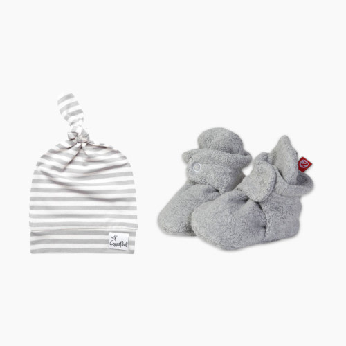Copper Pearl Top Knot Hat and Cozie Fleece Bootie Bundle - Green, 3 M