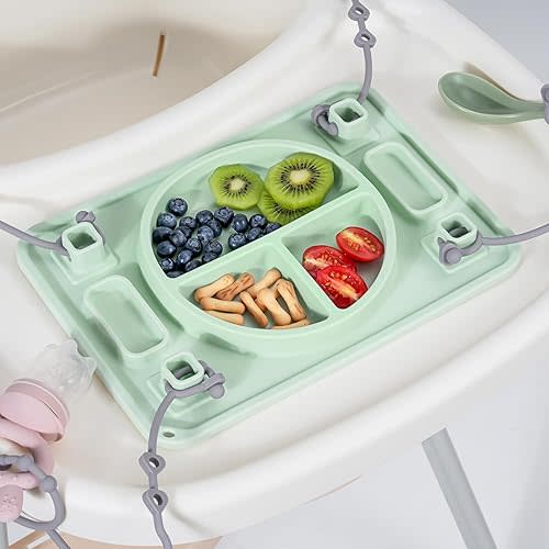 Platinum Food Grade Silicone Plates with Strong Suction for Baby & Toddlers, Baby Placemats with 4 Toy Straps to Secure Baby Essentials, Baby Led Weaning, Self Feeding, Dishwasher Safe (Green)