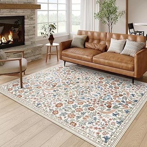 Moynesa Floral 5x7 Area Rugs, Machine Washable Rugs for Bedroom, Non Slip Boho Rugs for Living Room, Large Flower Stain Resistant Floor Carpet for Dining Room Home Office, Beige
