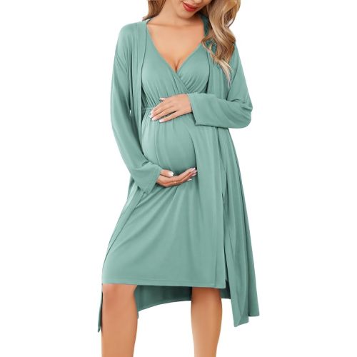 Ekouaer Nursing Robes Maternity Robe and Nightgown Set Breastfeeding Pregnancy Nightgowns for Hospital Postpartum Gown Celadon Green L