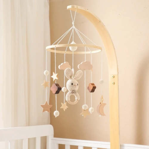 Natural Wooden Baby Mobile with Crochet Bunny and Stars – Montessori Baby Teether & Nursery Decor