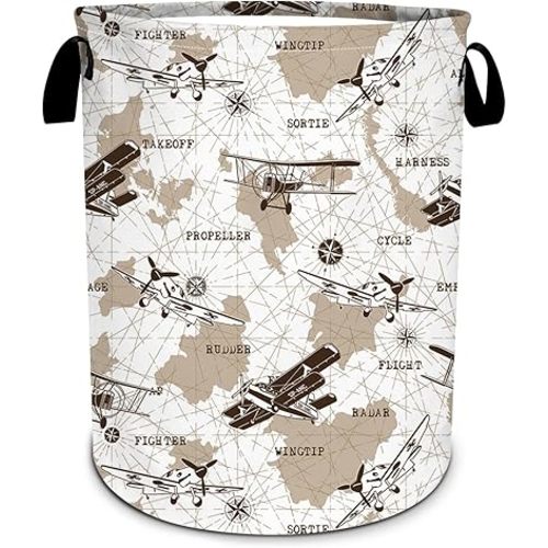 Airplane Laundry Basket, Vintage transportation Laundry Hamper World Map Tote Bag Dirty Clothes Storage Bucket Toy Organizer for Bathroom/Laundry/Bedroom 15.7"x19.6"
