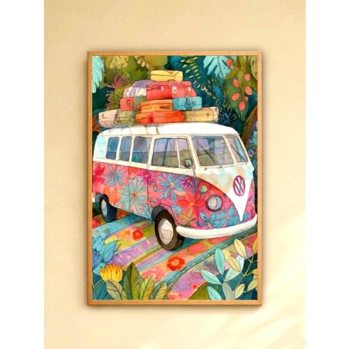 Playful Retro Camper Van Wall Art, Dopamine Wall Art Canvas Print, Colorful Travel Decor Poster, Groovy Boho Room Artwork