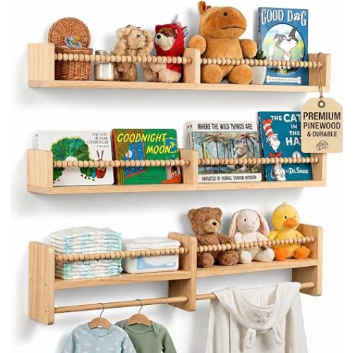 Stelzriede Nursery Shelves for Wall – Nursery Book Shelves with Hanging Rod – Set of 3 Wooden Wall-Mounted Shelves, Rounded Edges, Nursery Bookshelf for Kids Room Decor, 31.5" x 3.9" x 3.7"