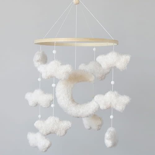 Boucle Cloud Moon Crib Mobile Boho Baby Mobile for Crib Neutral Nursery Mobile for Boys & Girls