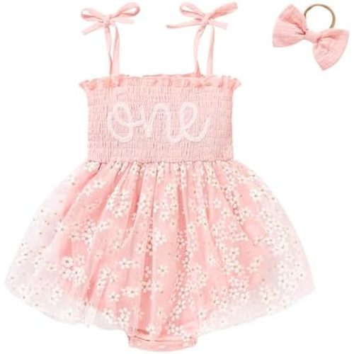 TITKKOP Baby Girl 1st Birthday Clothes One Year Old Tulle Romper Sleeveless Bodysuit Cake Smash Outfits