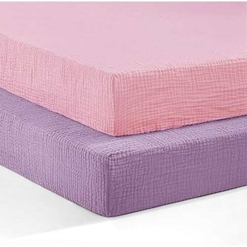 Pro Goleem Muslin Pack n Play Sheets for Girls, Soft Breathable Cotton Fitted Mini Crib Sheets, Baby Sheets for Playard Mattress, 2 Pack (Pink&Purple)