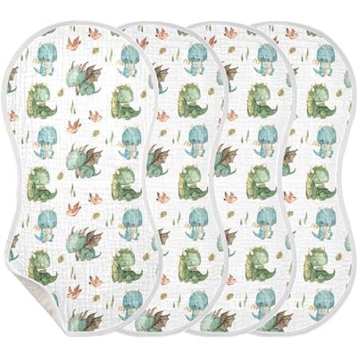 Burbuja Cute Dragon Muslin Baby Burp Cloths, Soft & Absorbent Cotton Burping Rags for Newborn Boys & Girls, 4 Pack