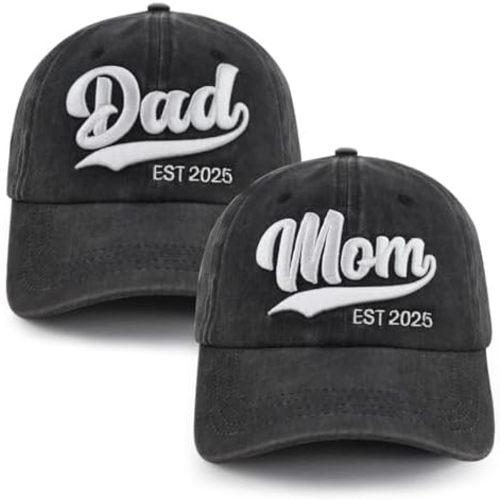 2PCS Mom and Dad EST 2025 Hat, 3D Embroidered Adjustable Cotton New Parents Gifts Baseball Cap