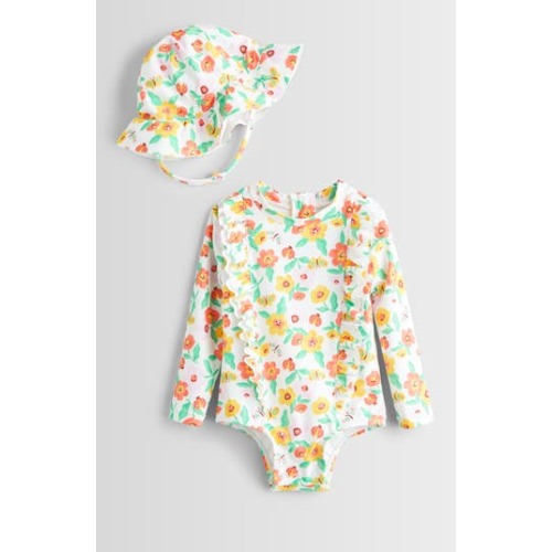 Long Sleeve One-Piece Rashguard Swimsuit & Sun Hat Set
