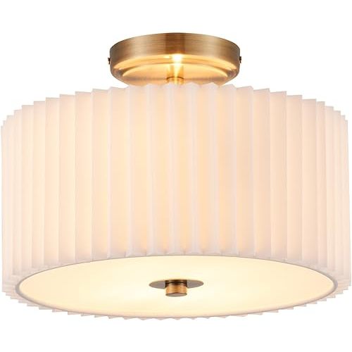 VONLUCE Semi Flush Mount Ceiling Light, 13'' Ceiling Light Fixture with Pleated Shade, 2-Light Modern Drum Light Fixture for Bedroom Living Room Entryway Hallway, White Shade & Bronze Finish