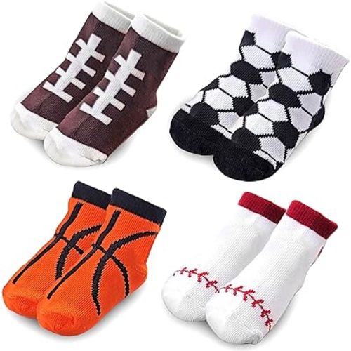 FANCYKIDS Unisex Baby Girls Boys Sports Themed Basketball Soccer Football Baseball Socks (Set of 4 Pairs)