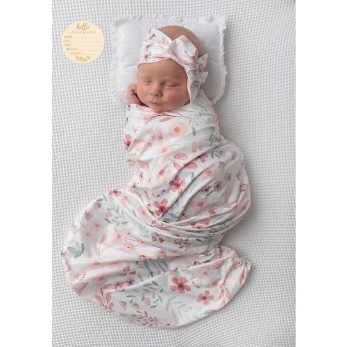 Newborn Floral Print Blanket Baby Stretch Wrap Swaddle Receiving Blanket with Matching Headband and Beanie (Small Flower and Leaf)