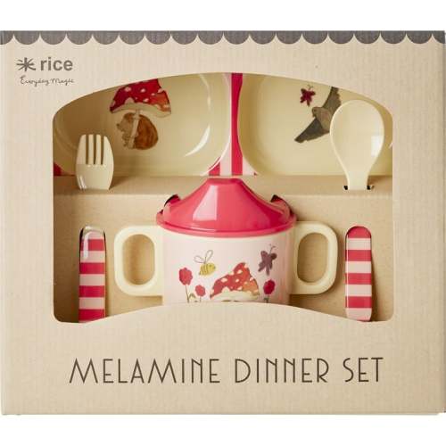 Melamine Happy Forest Print 4-Piece Baby Dinner Set In Gift Box, Pink - Rice By Rice Tableware | Maisonette