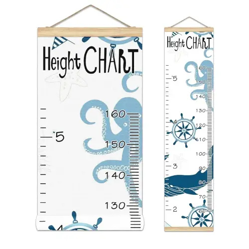 Kids Growth Chart Ruler for Wall Wood Frame Height Measure Chart 13.4x56 in Linen Hanging Height Growth Chart Nautical Lighthouse Sailboat Kids Room Decor