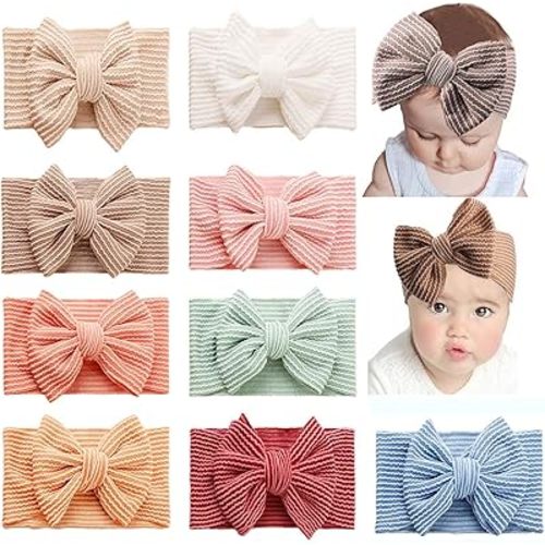 Baby Bows Turban Knotted Head Wraps with Strip, Big Hair Bows Cotton Headbands, Stretchy Hair bands for Newborn Infant Toddlers Girls 9 PCS byJIAHANG